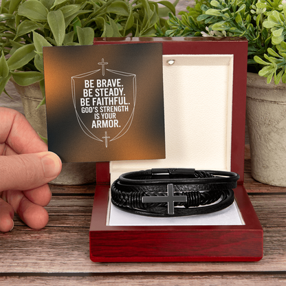 Men's Cross Leather Bracelet | “Be Brave. Be Steady. Be Faithful.” Shield Design | Christian Gift for Him | Faith Armor Bracelet