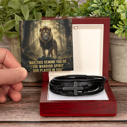 Men's Christian Cross Bracelet – “Warrior Spirit God Placed in You” Message Card | Leather & Stainless Steel Faith Bracelet