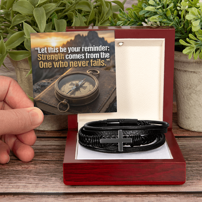 Men's Christian Cross Bracelet – “Strength Comes From the One Who Never Fails” Message Card | Leather & Stainless Steel Faith Bracelet