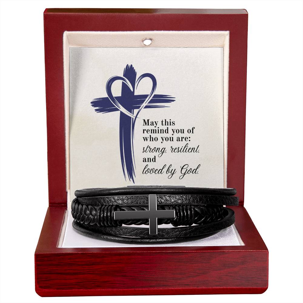 Strong, Resilient & Loved by God Men's Cross Bracelet | Christian Leather Bracelet for Him | Inspirational Men's Jewelry