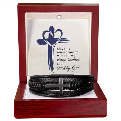 Strong, Resilient & Loved by God Men's Cross Bracelet | Christian Leather Bracelet for Him | Inspirational Men's Jewelry