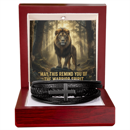 Men's Christian Cross Bracelet – “Warrior Spirit God Placed in You” Message Card | Leather & Stainless Steel Faith Bracelet