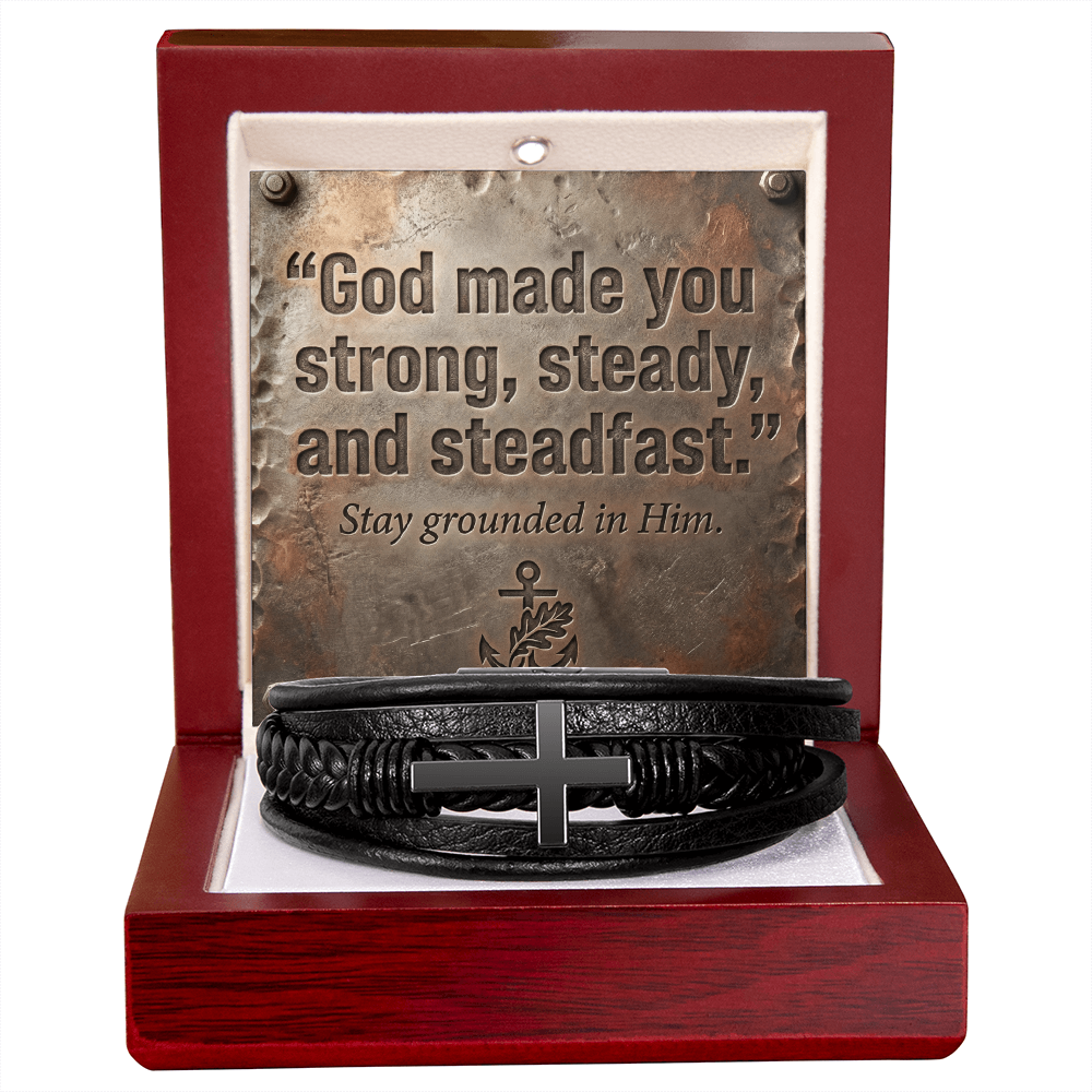 Men's Christian Cross Bracelet – “Strong, Steady & Steadfast” Message Card | Leather & Stainless Steel Faith Bracelet