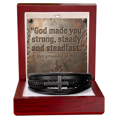Men's Christian Cross Bracelet – “Strong, Steady & Steadfast” Message Card | Leather & Stainless Steel Faith Bracelet