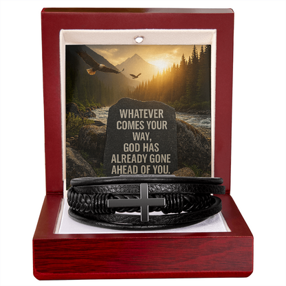 Men's Christian Cross Bracelet – “God Has Gone Ahead of You” Message Card | Leather & Stainless Steel Faith Bracelet