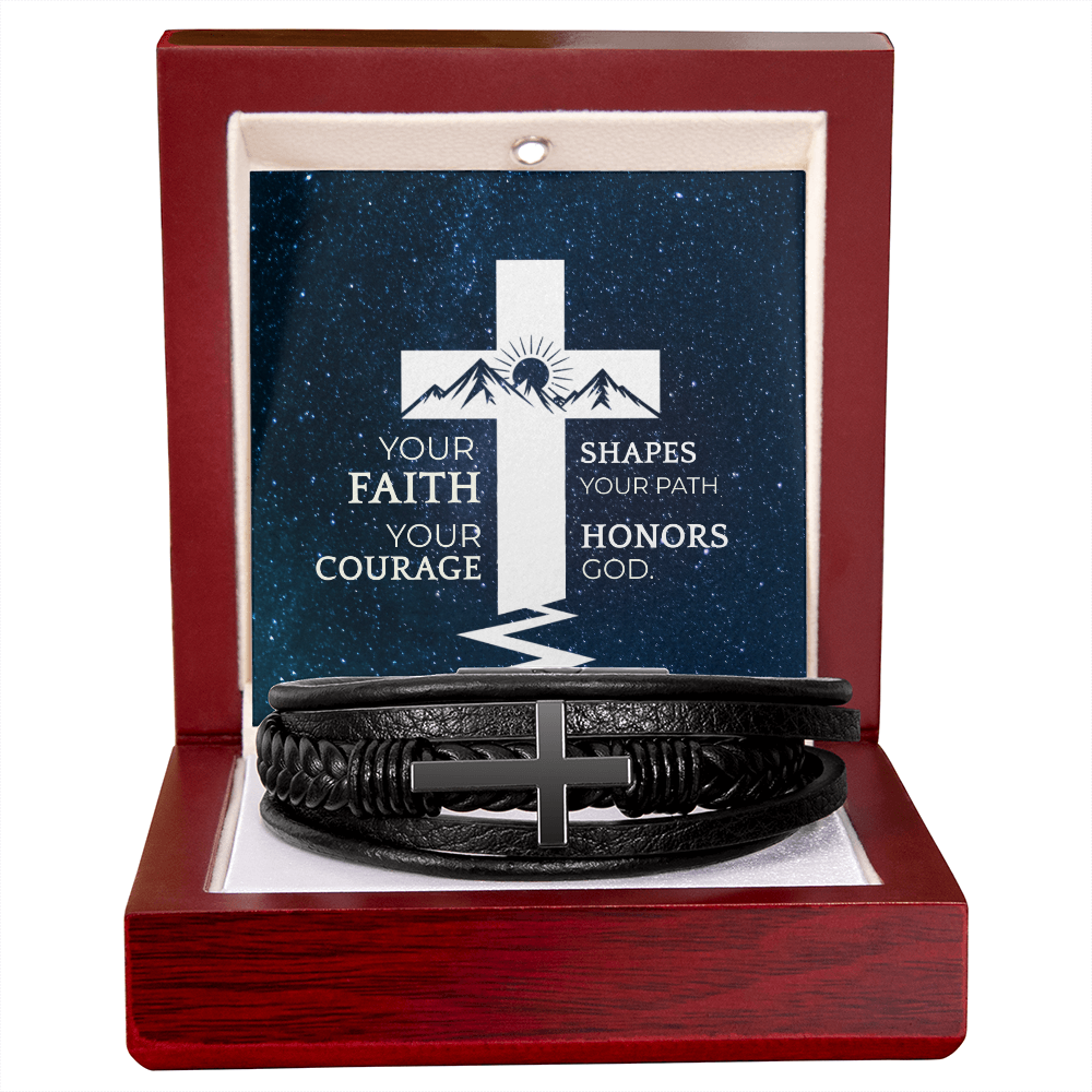 Men's Faith Bracelet | “Your Faith Shapes Your Path” | Christian Cross Leather Bracelet for Him | Inspirational Gift