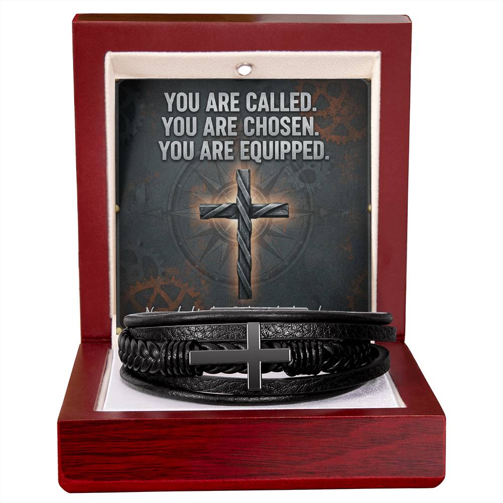 Men's Cross Leather Bracelet – “You Are Called, Chosen, Equipped” Message Card | Christian Gift for Men | Faith & Strength Jewelry