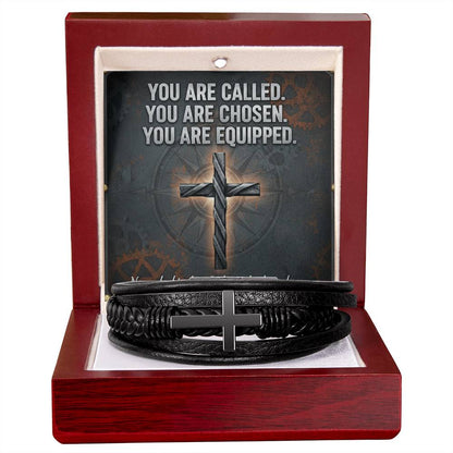 Men's Cross Leather Bracelet – “You Are Called, Chosen, Equipped” Message Card | Christian Gift for Men | Faith & Strength Jewelry