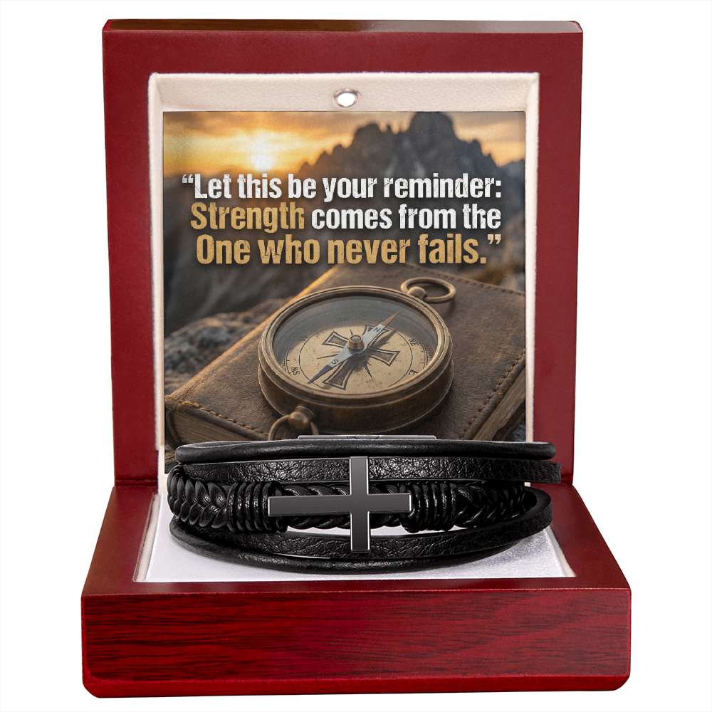 Men's Christian Cross Bracelet – “Strength Comes From the One Who Never Fails” Message Card | Leather & Stainless Steel Faith Bracelet