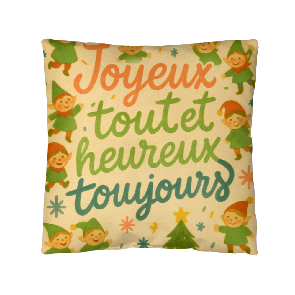 Merry Everything and Happy Always French Pillow – “Joyeux tout et heureux toujours” – Cute Christmas Elf Throw Pillow, Holiday Home Décor, Cozy Seasonal Accent Cushion