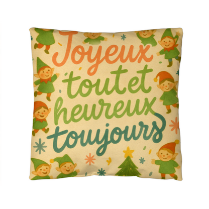 Merry Everything and Happy Always French Pillow – “Joyeux tout et heureux toujours” – Cute Christmas Elf Throw Pillow, Holiday Home Décor, Cozy Seasonal Accent Cushion