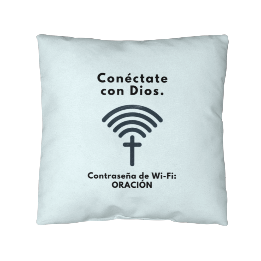 “Conéctate con Dios. WiFi Password: PRAYER.” faith-inspired pillow