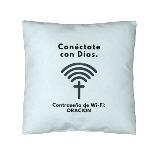 “Conéctate con Dios. WiFi Password: PRAYER.” faith-inspired pillow