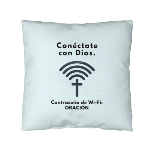 “Conéctate con Dios. WiFi Password: PRAYER.” faith-inspired pillow