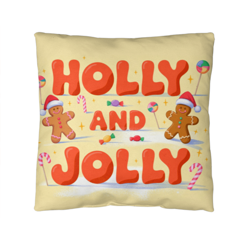 Holly and Jolly Christmas Pillow | Cute Gingerbread Man Holiday Throw Pillow