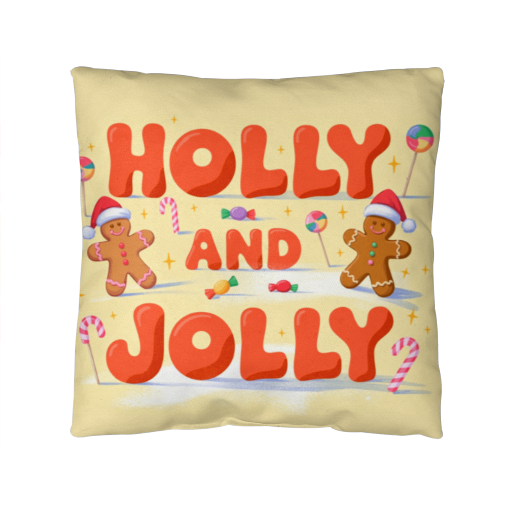 Holly and Jolly Christmas pillow with gingerbread men and candy canes on festive background