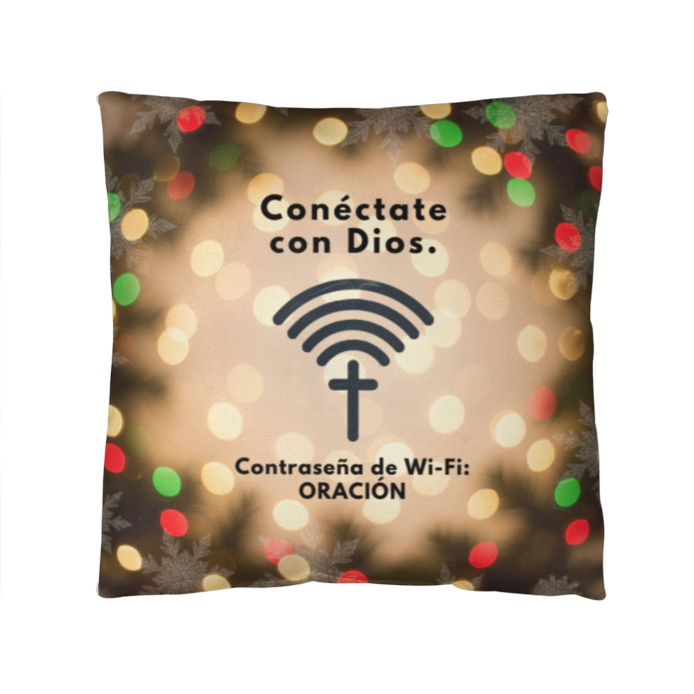 “Conéctate con Dios. Contraseña de Wi-Fi: ORACIÓN.” Christmas pillow