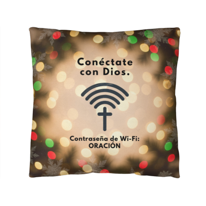 “Conéctate con Dios. Contraseña de Wi-Fi: ORACIÓN.” Christmas pillow