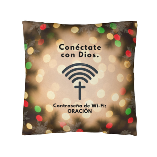 “Conéctate con Dios. Contraseña de Wi-Fi: ORACIÓN.” Christmas pillow