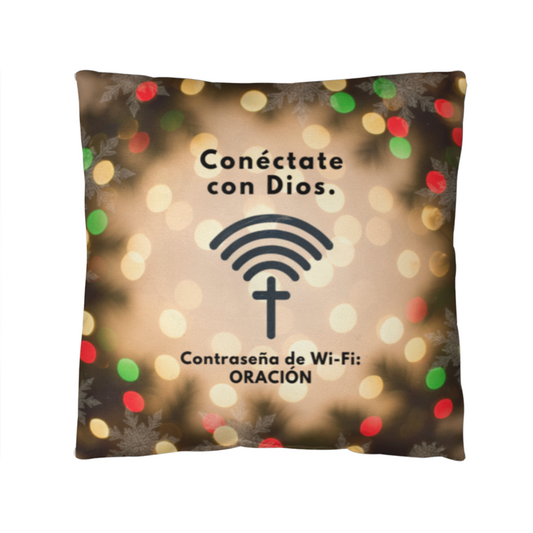“Conéctate con Dios. Contraseña de Wi-Fi: ORACIÓN.” Christmas pillow