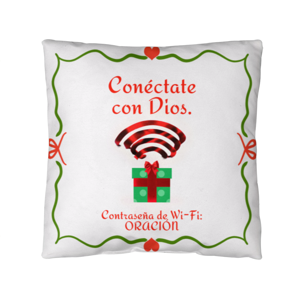 “Conéctate con Dios. Contraseña de Wi-Fi: ORACIÓN.” Christmas pillow