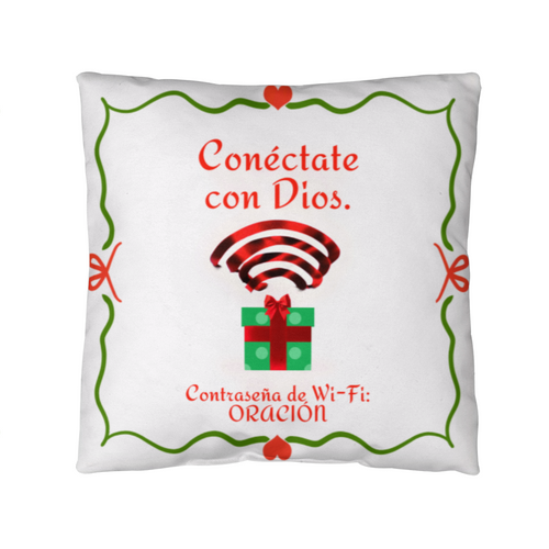 “Conéctate con Dios. Contraseña de Wi-Fi: ORACIÓN.” Christmas pillow