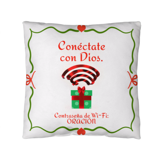 “Conéctate con Dios. Contraseña de Wi-Fi: ORACIÓN.” Christmas pillow