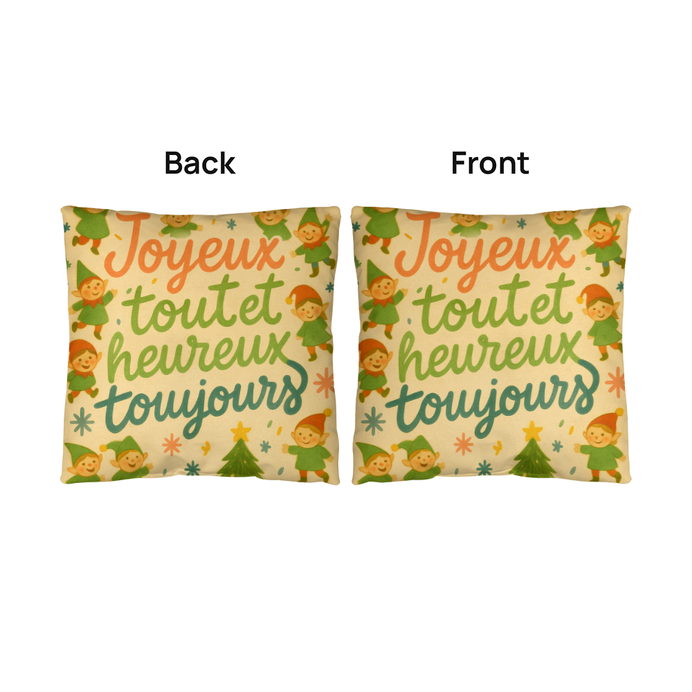 Merry Everything and Happy Always French Pillow – “Joyeux tout et heureux toujours” – Cute Christmas Elf Throw Pillow, Holiday Home Décor, Cozy Seasonal Accent Cushion