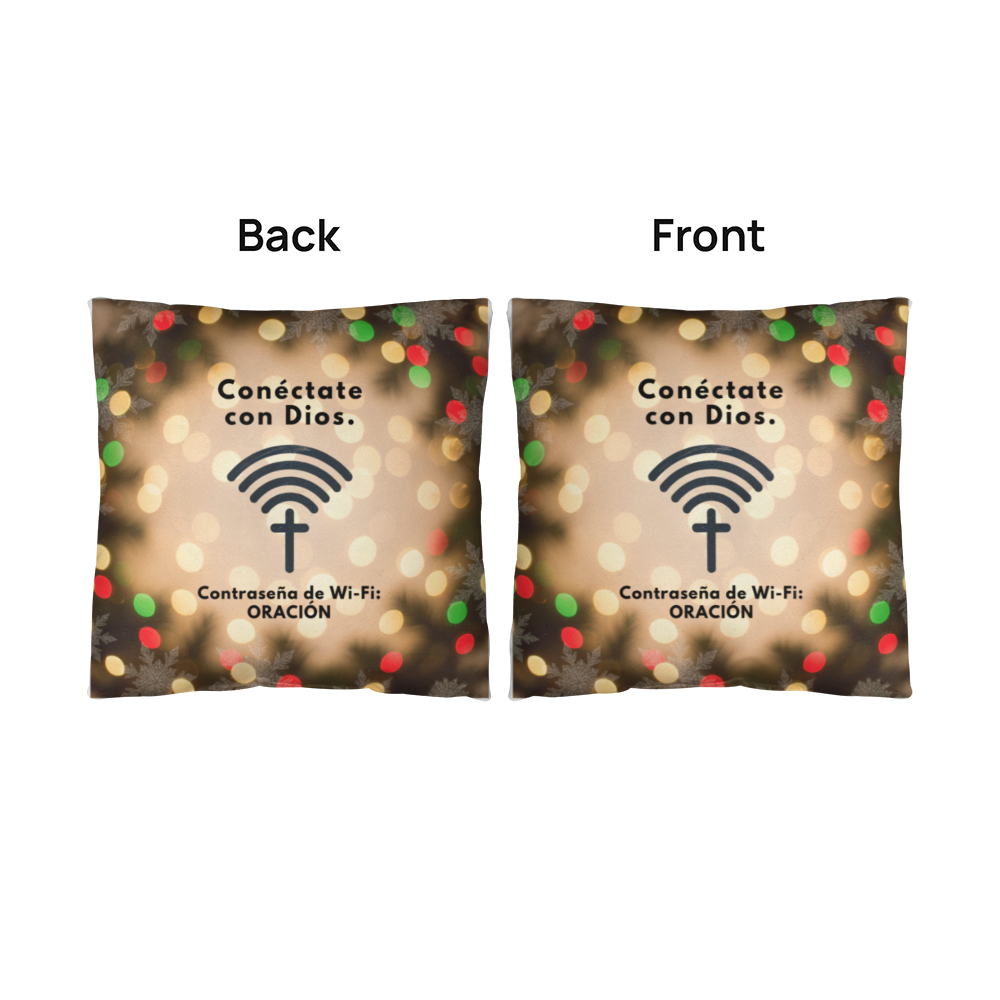 Faith-inspired holiday throw pillow with Spanish prayer quote