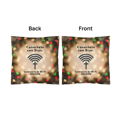 Faith-inspired holiday throw pillow with Spanish prayer quote