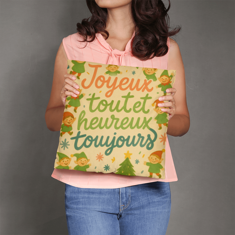 Merry Everything and Happy Always French Pillow – “Joyeux tout et heureux toujours” – Cute Christmas Elf Throw Pillow, Holiday Home Décor, Cozy Seasonal Accent Cushion