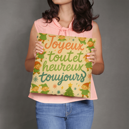 Merry Everything and Happy Always French Pillow – “Joyeux tout et heureux toujours” – Cute Christmas Elf Throw Pillow, Holiday Home Décor, Cozy Seasonal Accent Cushion