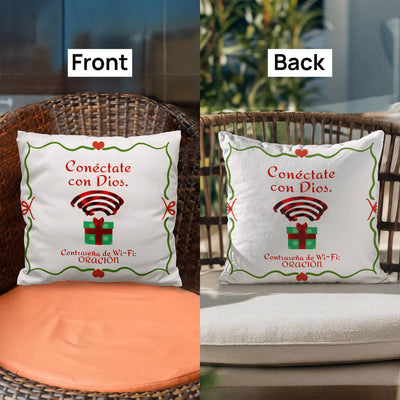 Red and white Christmas pillow symbolizing prayer and connection