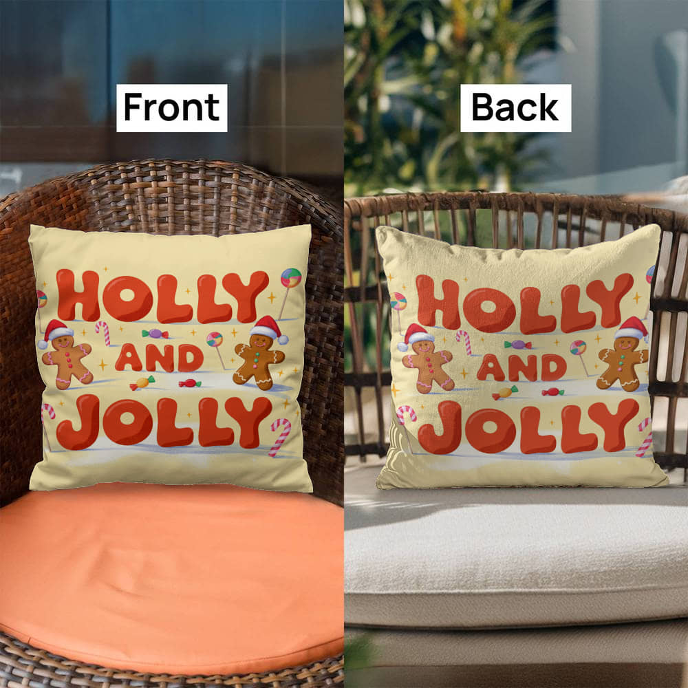 Holly and Jolly Christmas Pillow | Cute Gingerbread Man Holiday Throw Pillow