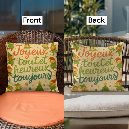 Merry Everything and Happy Always French Pillow – “Joyeux tout et heureux toujours” – Cute Christmas Elf Throw Pillow, Holiday Home Décor, Cozy Seasonal Accent Cushion