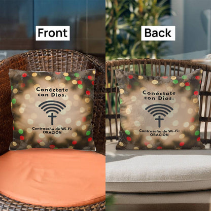 Close-up of Spanish Wi-Fi prayer quote on soft polyester fabric