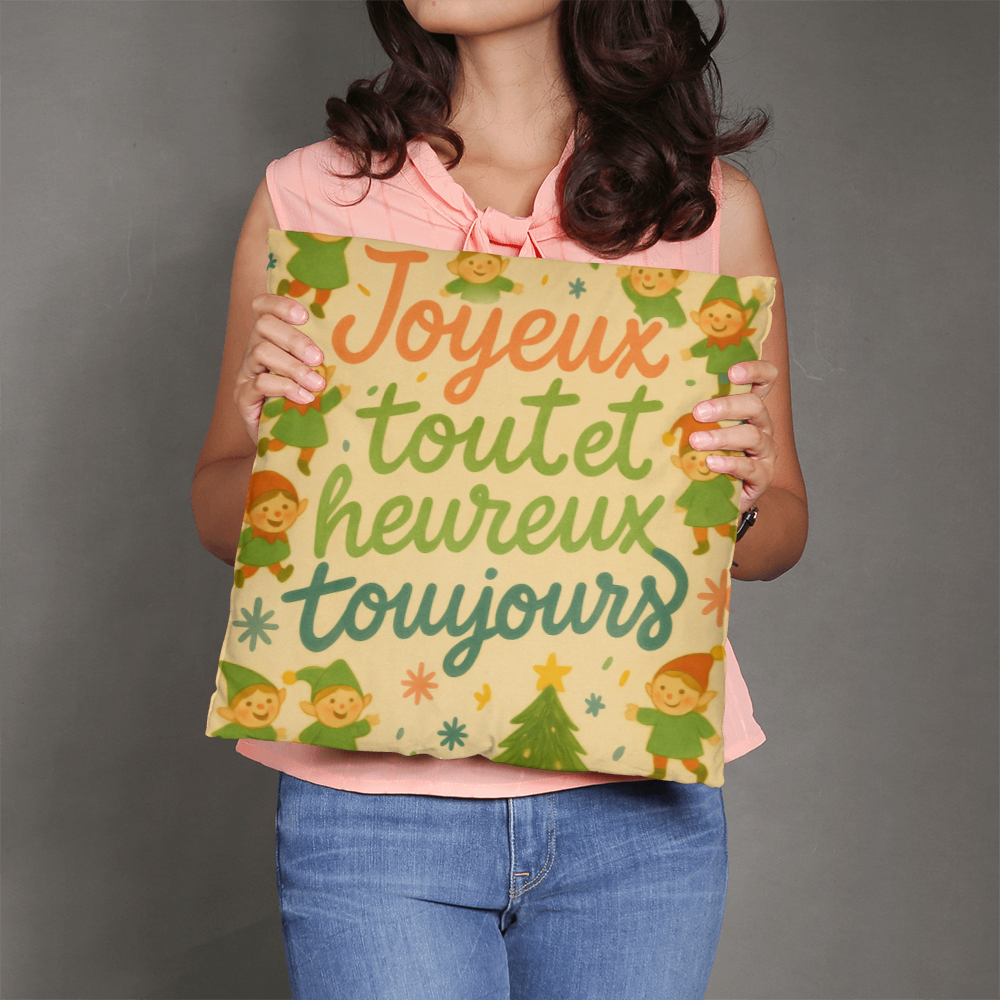 Merry Everything and Happy Always French Pillow – “Joyeux tout et heureux toujours” – Cute Christmas Elf Throw Pillow, Holiday Home Décor, Cozy Seasonal Accent Cushion