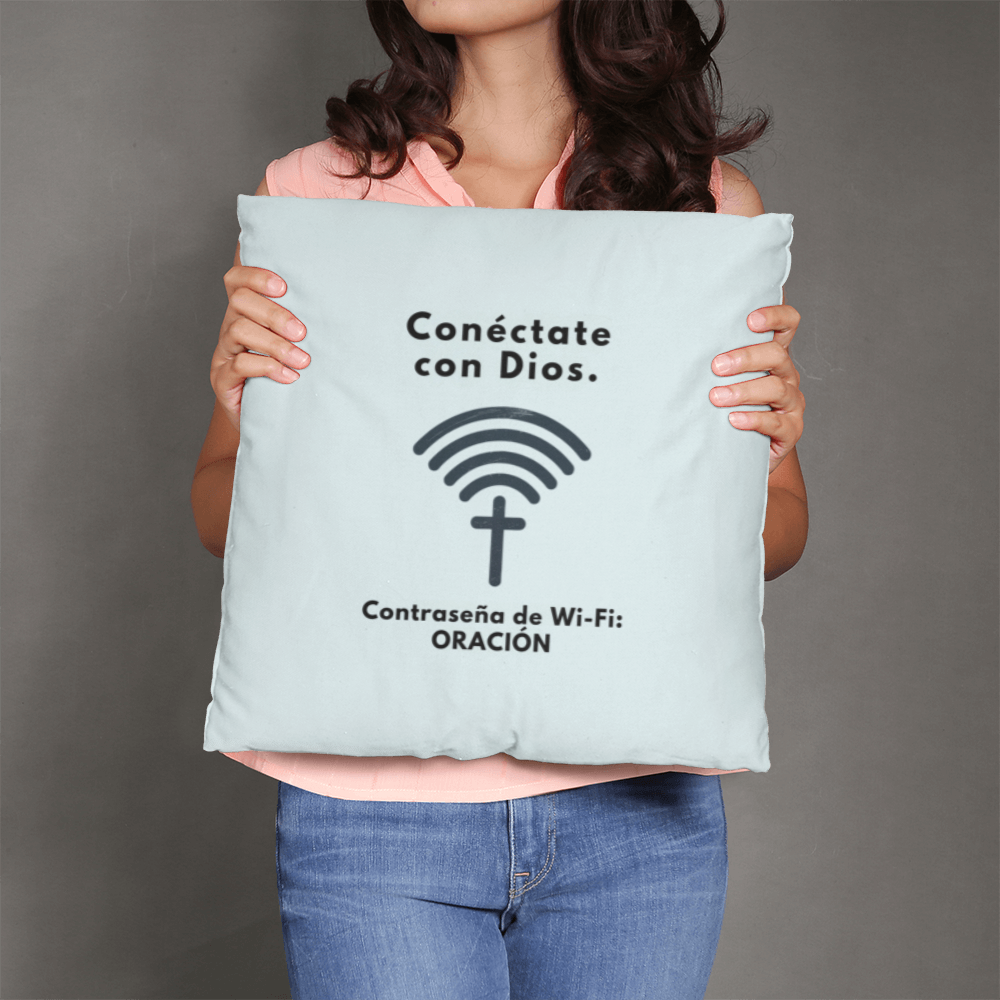 “Connect to God” pillow styled on neutral-toned sofa