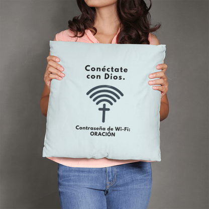 “Connect to God” pillow styled on neutral-toned sofa