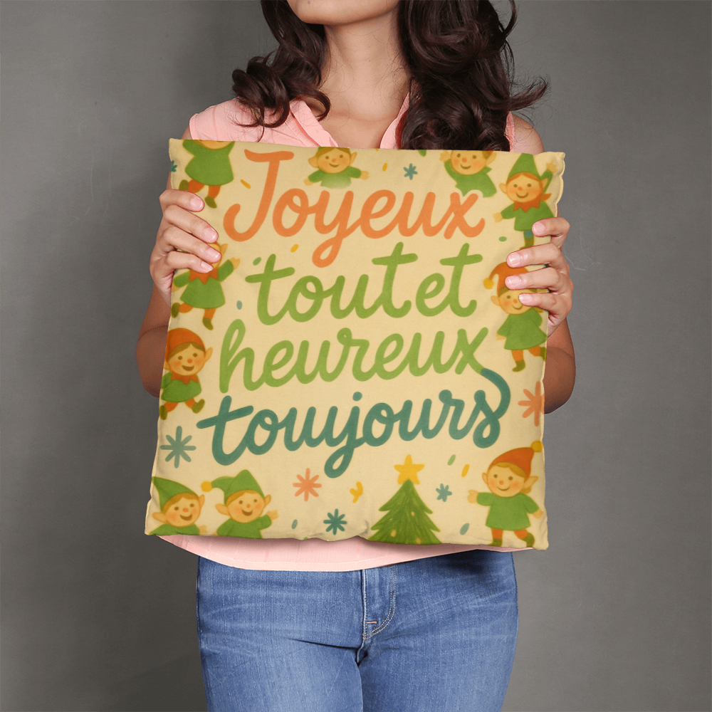 Merry Everything and Happy Always French Pillow – “Joyeux tout et heureux toujours” – Cute Christmas Elf Throw Pillow, Holiday Home Décor, Cozy Seasonal Accent Cushion