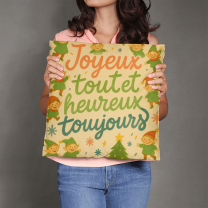 Merry Everything and Happy Always French Pillow – “Joyeux tout et heureux toujours” – Cute Christmas Elf Throw Pillow, Holiday Home Décor, Cozy Seasonal Accent Cushion