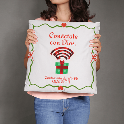 Holiday décor pillow with vibrant Christmas design and faith message