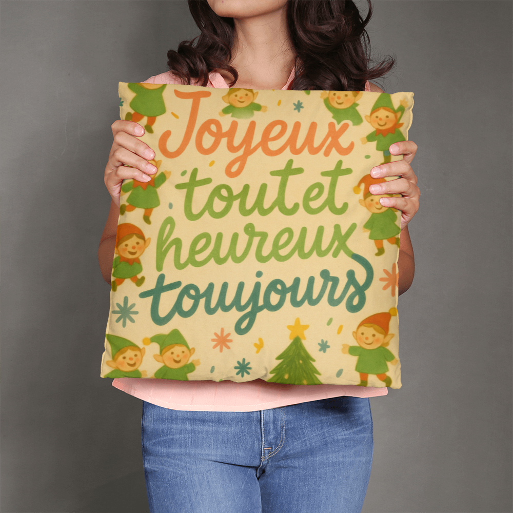 Merry Everything and Happy Always French Pillow – “Joyeux tout et heureux toujours” – Cute Christmas Elf Throw Pillow, Holiday Home Décor, Cozy Seasonal Accent Cushion