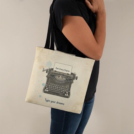 Type Your Dreams tote bag with vintage typewriter illustration