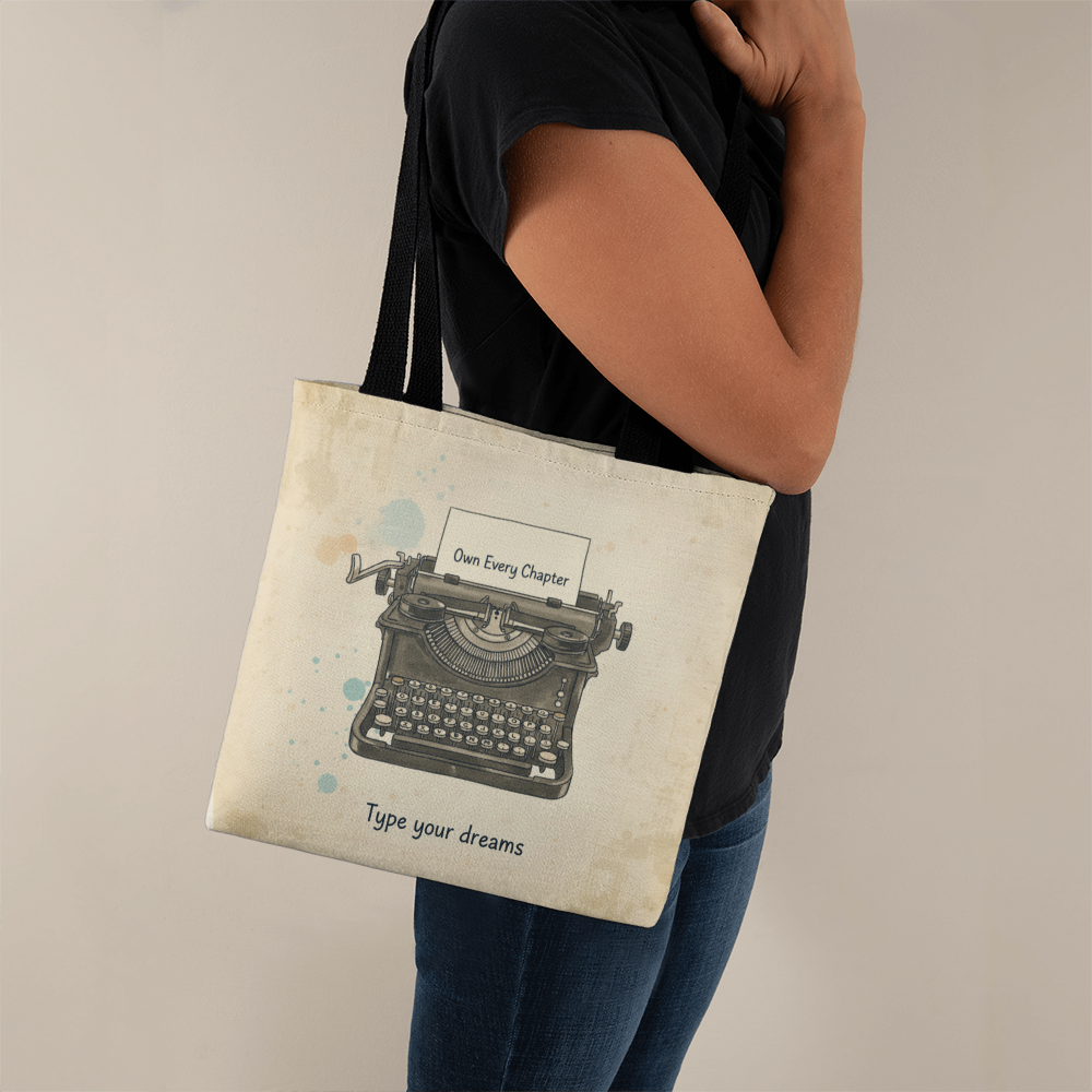 Type Your Dreams tote bag with vintage typewriter illustration
