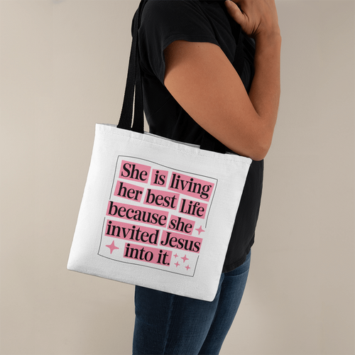 She Is Living Her Best Life” Christian Quote Tote Bag – Faith & Inspiration Carryall