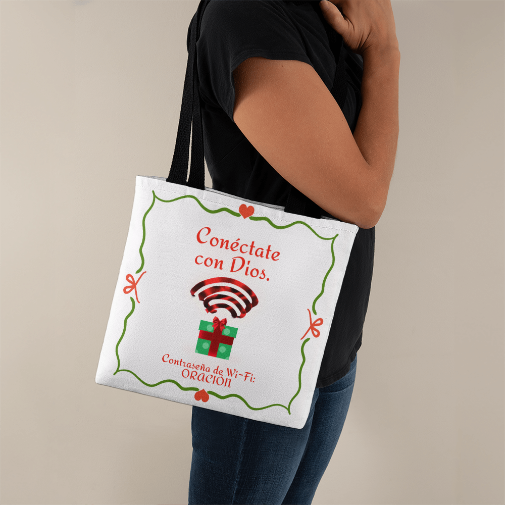 “Conéctate con Dios. Contraseña de Wi-Fi: ORACIÓN.” Christmas tote bag
