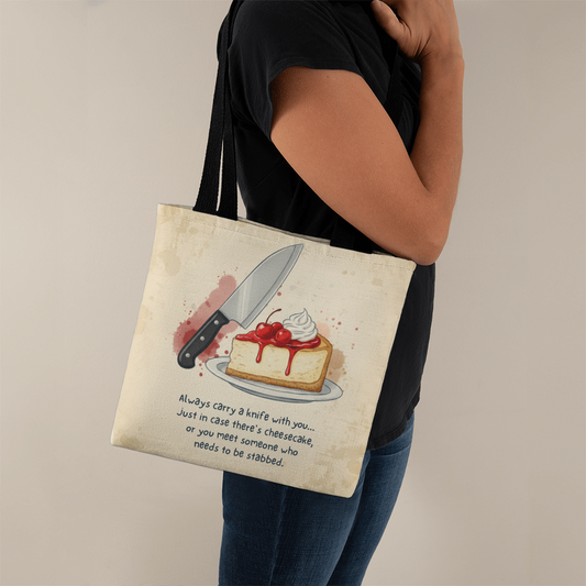Funny Cheesecake Tote Bag – Humorous Knife & Dessert Quote Gift for Food Lovers, Bakers & Sarcastic Friends