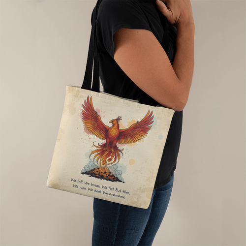 Phoenix Rise Tote Bag – Inspirational We Rise We Heal We Overcome Quote | Strength, Healing & Resilience Gift