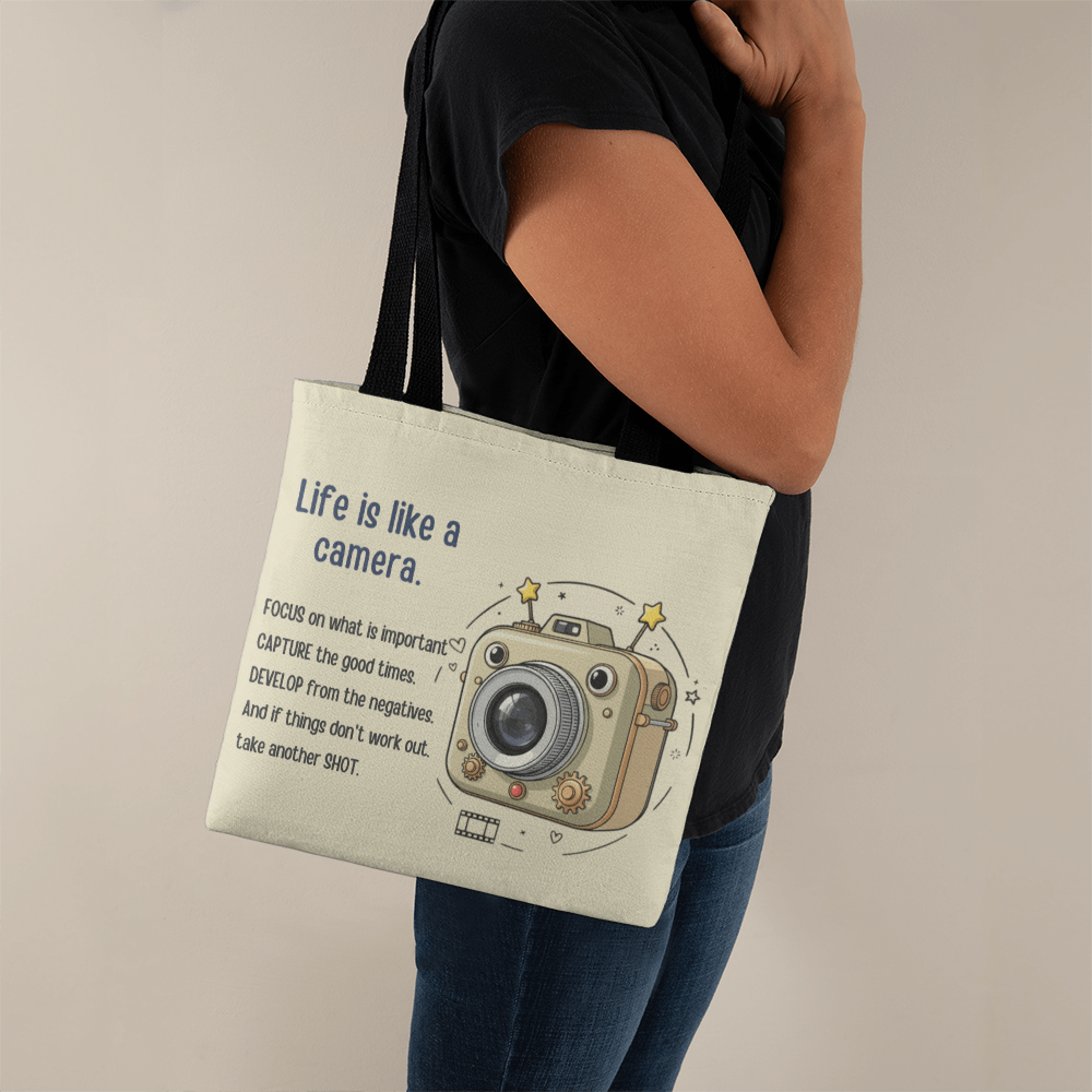 “Life Is Like a Camera” motivational tote bag with retro camera design